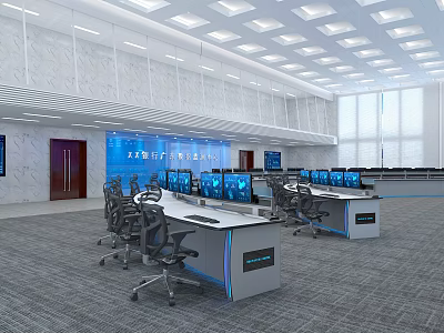 Modern Monitoring Room With Multiple Computer Monitors Control Consoles And Ergonomic Office Chairs 3d model