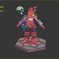 3D Game Character Model With Blue Armor Goggles Holding Device Brown Hair And Hexagonal Base
