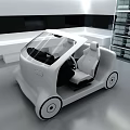 Futuristic Small Car In Modern Interior With White Walls And Shelving Units