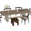 Modern Light Wood Dining Table Set With Chairs Stool And Decorative Vase 3d model