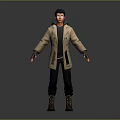 Man Standing In Dark Background With Beige Trench Coat Black T-shirt And Brown Boots