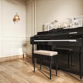 Elegant Piano Room With Black Piano Stool And Wall Decorations