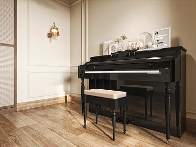 Elegant Piano Room With Black Piano Stool And Wall Decorations 3d model
