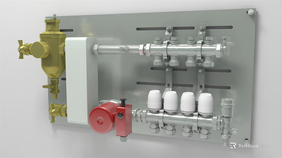 Mechanical Pipeline Control Device With Metal Pipes Valves And Colored Components 3d model 