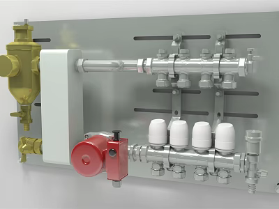 Mechanical Pipeline Control Device With Metal Pipes Valves And Colored Components 3d model