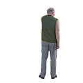 Man waving hand wearing green vest striped shirt gray pants black shoes