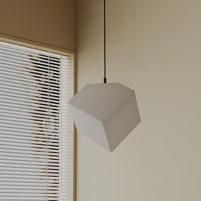 Geometric White Hexagonal Pendant Light Hanging in Room with Light Colored Wall and White Blinds 3d model