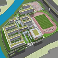 School Buildings In Modern Campus Featuring Green Roofs Sports Field River And Trees