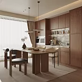 Quiet Chinese and Ancient Style Restaurant Dining Table and Chair Combination Sideboard Small Chandelier 3d model