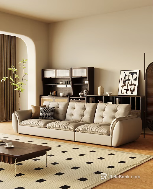 Light Beige Leather Three-Seater Sofa In Living Room With Bookshelf Decorative Painting And Plant 3d model 