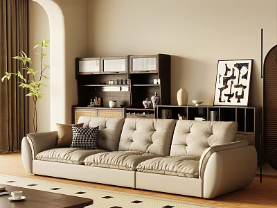 Light Beige Leather Three-Seater Sofa In Living Room With Bookshelf Decorative Painting And Plant 3d model