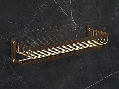 Elegant Wall Mounted Bathroom Shelf With Golden Metal Frame And Black Marble Background 3d model