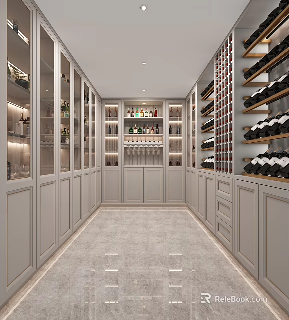 Elegant Wine Cellar Interior With Glass Cabinets And Wine Racks 3d model 