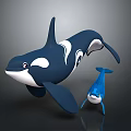 Playful Blue And White Orca Whale With Small Blue Baby Whale Floating Together