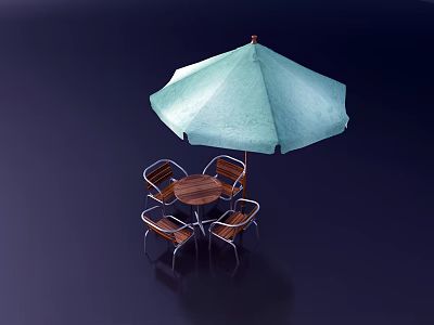 Outdoor Wooden Table Set With Light Green Umbrella And Four Chairs 3d model