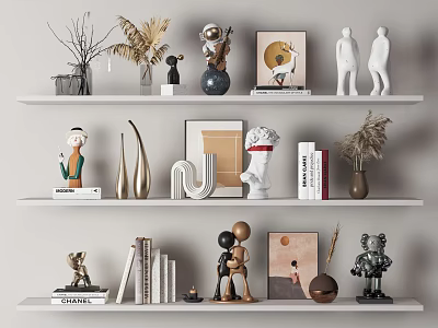 Stylish Decorative Ornament Combinations With Sculptures Vases Books Framed Art And Figurines On Multiple Shelves 3d model