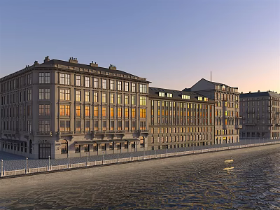 Historic European Architecture Exterior With Classic Windows Along Riverside Waterfront In Twilight Glow 3d model