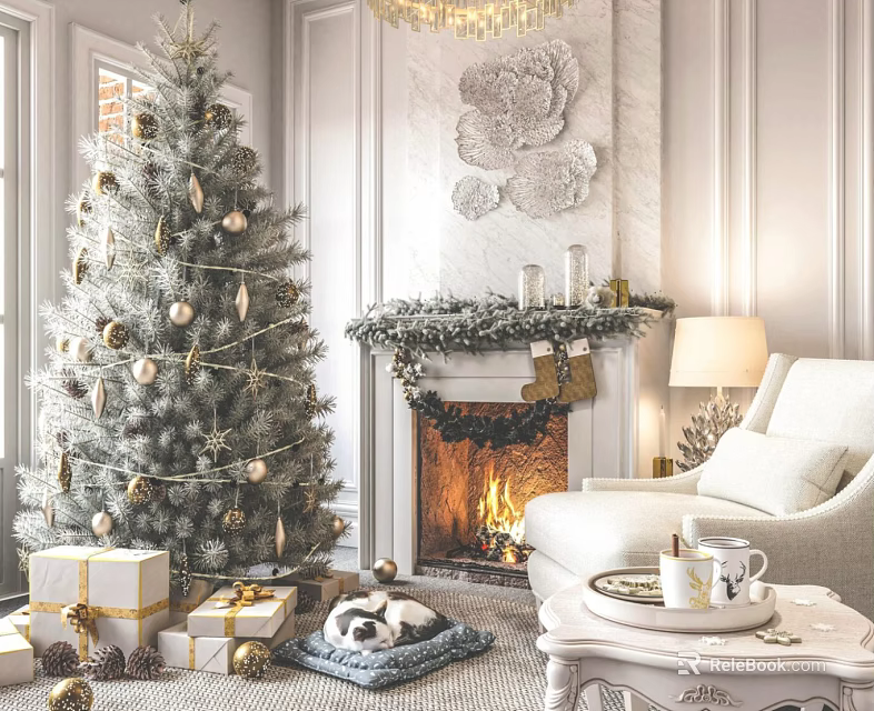 Christmas Tree With Gold Ornaments And Gifts In Cozy Living Room With Fireplace 3d model 