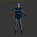 A Man In Blue Protective Suit With Gray Striped Design Orange Cuffs And Blue Helmet