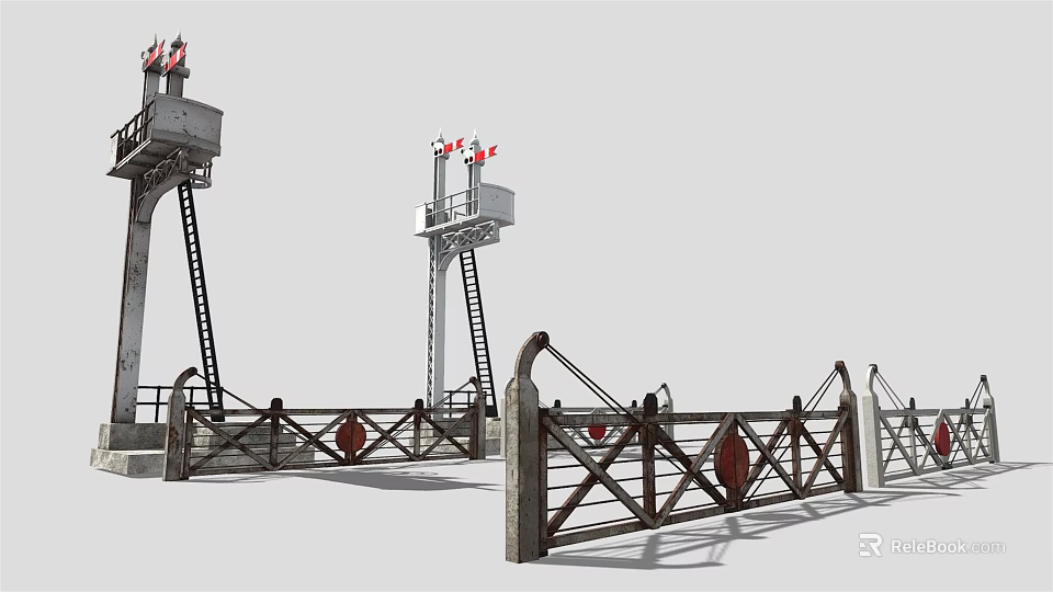 Industrial Security Fence With Tall Towers Ladders And Metal Crossbeam Gates 3d model 