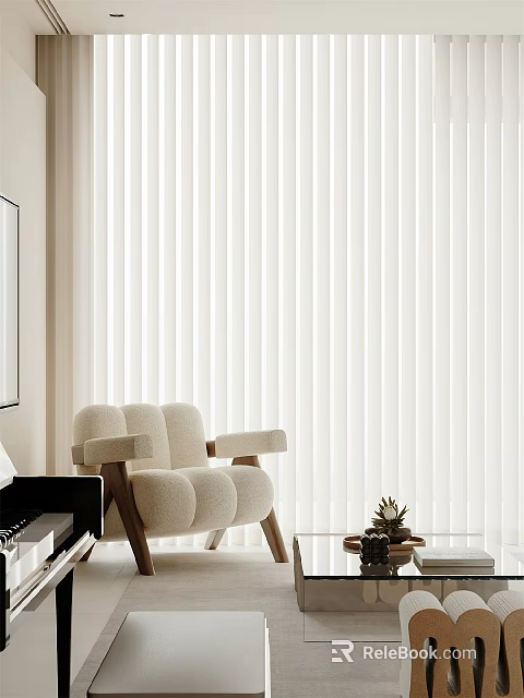 Beige Leisure Chair with Wooden Legs Placed Near White Vertical Blinds in Bright Room 3d model 