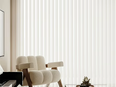 Beige Leisure Chair with Wooden Legs Placed Near White Vertical Blinds in Bright Room 3d model