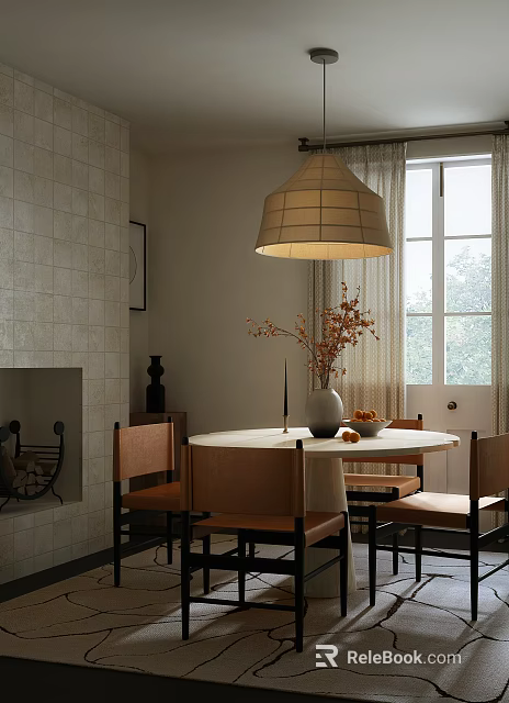 Modern Restaurant Interior With Round Dining Table Wooden Chairs Pendant Lamp And Decorative Vase 3d model 