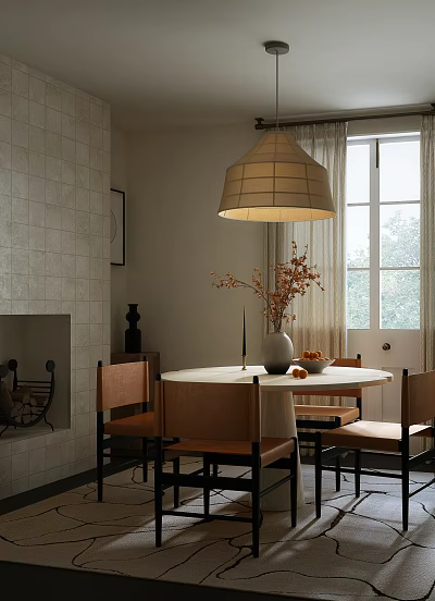 Modern Restaurant Interior With Round Dining Table Wooden Chairs Pendant Lamp And Decorative Vase 3d model