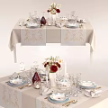 Elegant Tableware Set With Plates Glasses Utensils And Floral Bouquet For Dining Table