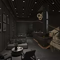 Modern Bar Interior Design With Gray Walls Wooden Ceiling Sofa Seating And Curved Counter
