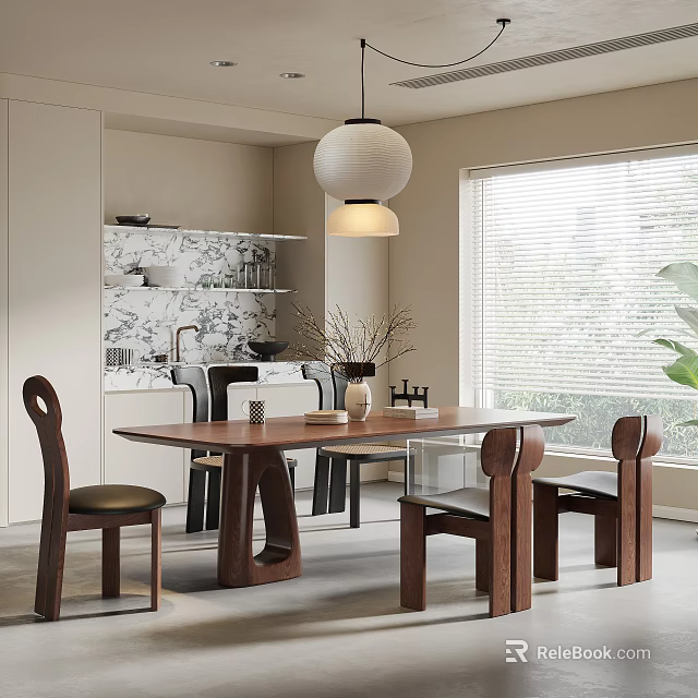 Modern Wooden Dining Table And Chairs With Pendant Light Window And Shelf Decor 3d model 