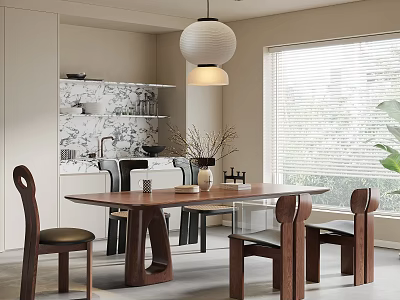 Modern Wooden Dining Table And Chairs With Pendant Light Window And Shelf Decor 3d model