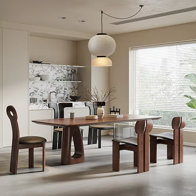 Modern Wooden Dining Table And Chairs With Pendant Light Window And Shelf Decor 3d model