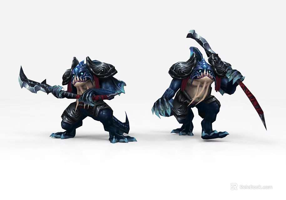 Game Movie Characters Two Fierce Warrior Characters With Blue Scales Holding Weapons In Battle Stance 3d model 