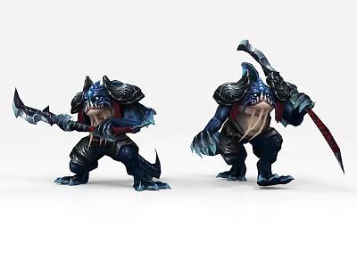 Game Movie Characters Two Fierce Warrior Characters With Blue Scales Holding Weapons In Battle Stance 3d model