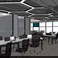 Modern Office Interior With Marble Reception Desk Company Logo Open Layout Hanging Lights And Workspace