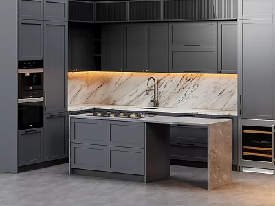 Modern Kitchen Interior With Gray Cabinets Marble Countertop Backsplash Island Built-in Oven And Wine Cooler 3d model