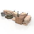 Modern Tactical Outdoor Setup With Sandbags Wooden Crate Bucket And Green Camouflage Fabric