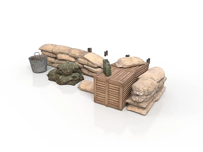 Modern Tactical Outdoor Setup With Sandbags Wooden Crate Bucket And Green Camouflage Fabric 3d model