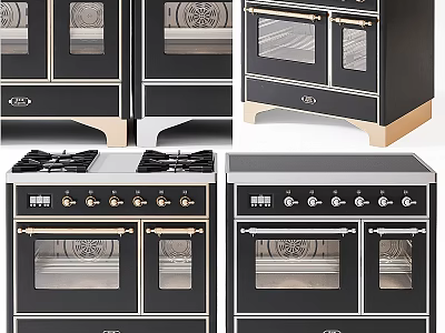 Modern Black Kitchen Appliances Featuring Double Oven Gas Cooktop And Brass Accents 3d model