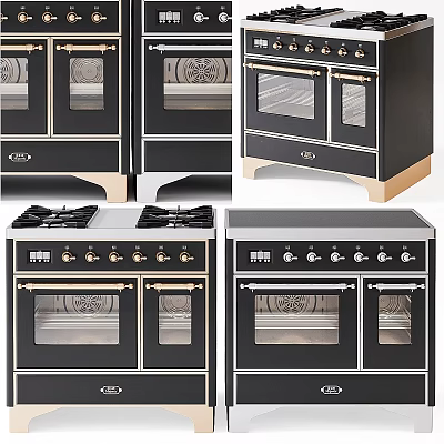 Modern Black Kitchen Appliances Featuring Double Oven Gas Cooktop And Brass Accents 3d model