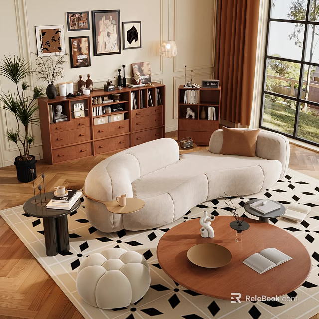 Modern Beige Curved Sofa and Wooden Coffee Table Combination with Side Table and Rug 3d model 