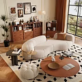Modern Beige Curved Sofa and Wooden Coffee Table Combination with Side Table and Rug