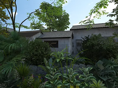 Traditional Garden Landscape With Lush Greenery Various Plants And Stone Wall 3d model