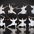 Men In White Outfits Practicing Sword Martial Arts With Various Poses On Black Background