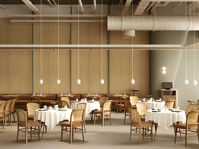 Modern Restaurant Interior With Wooden Walls Pendant Lights Dining Tables And Chairs 3d model