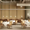 Modern Restaurant Interior With Wooden Walls Pendant Lights Dining Tables And Chairs