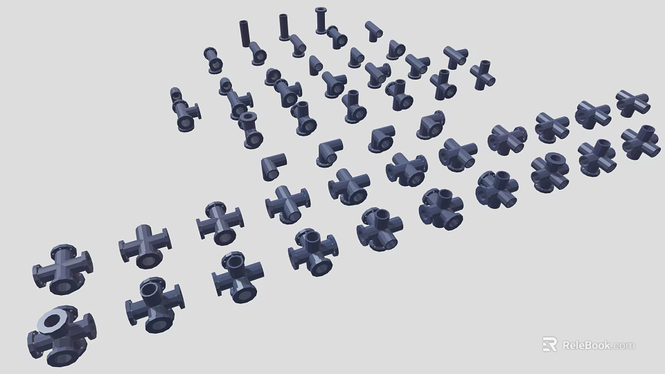 Black Industrial Pipe Fittings Various Types Connectors in Scattered Arrangement 3d model 