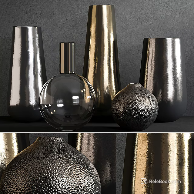 Modern Decorative Ornament Set With Metallic Finish Various Shapes And Gold Silver Black Tones 3d model 