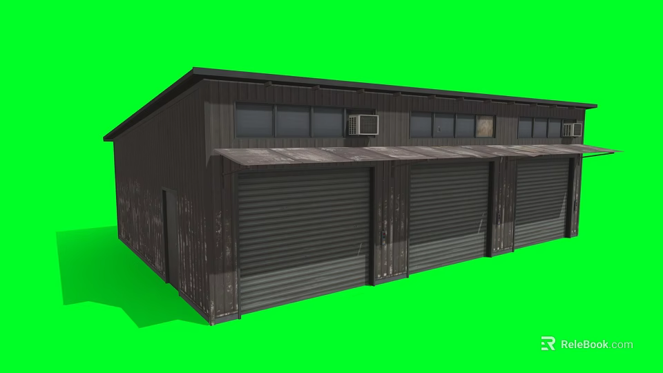 Dark Metal Industrial Building With Multiple Roll Up Doors On Green Screen Background 3d model 